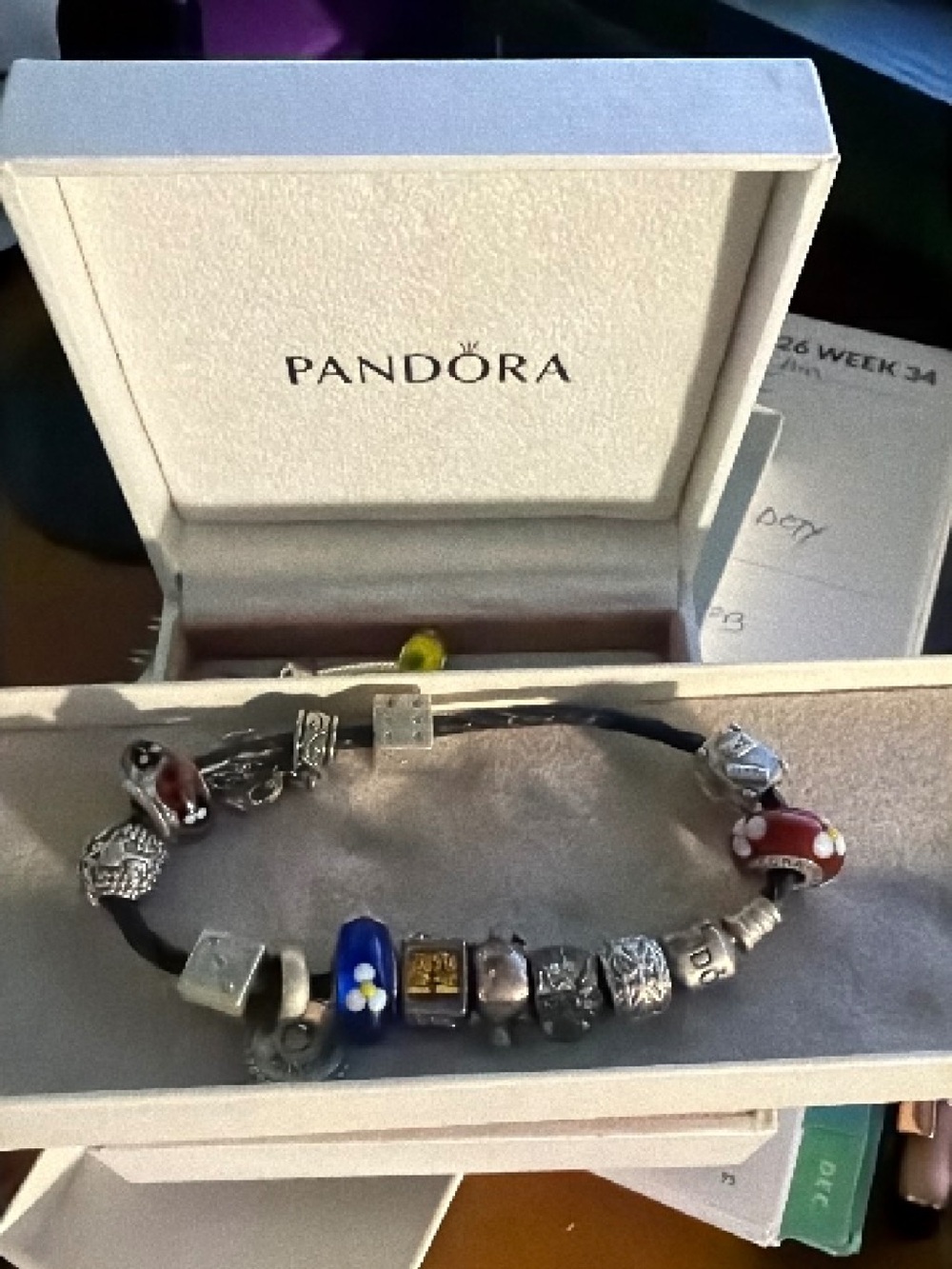 Pandora Black Leather SS Charm Bracelet w/Red, White  & Blue murano Glass charm